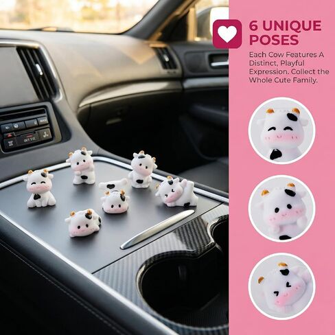 6pcs Mini Cow Car Dashboard Decor, 6 Styles Cute Cow Print Car Accessories, Playful Cows Rear View Mirror Ornaments Decorations for Offices, Home in Kuwait