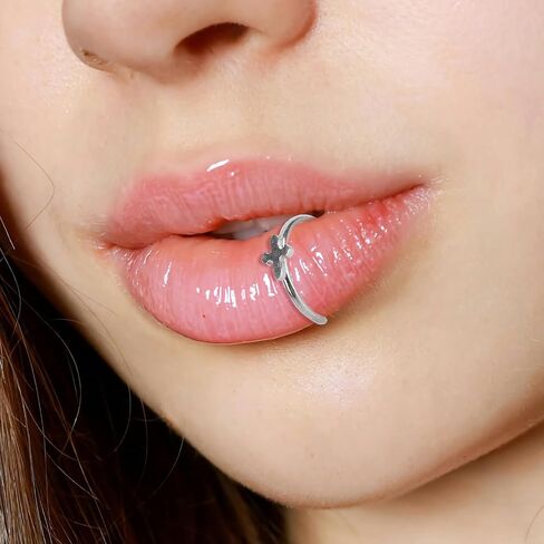 16pcs Fake Lip Rings Set, Stainless Steel Non-Piercing Lip Cuff Adjustable Vampire Teeth Clip-on Jewelry for Women & Men (Silver) in Saudi Arabia