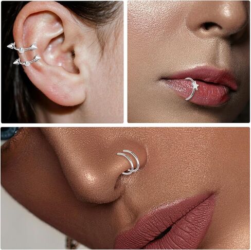 16pcs Fake Lip Rings Set, Stainless Steel Non-Piercing Lip Cuff Adjustable Vampire Teeth Clip-on Jewelry for Women & Men (Silver) in Saudi Arabia