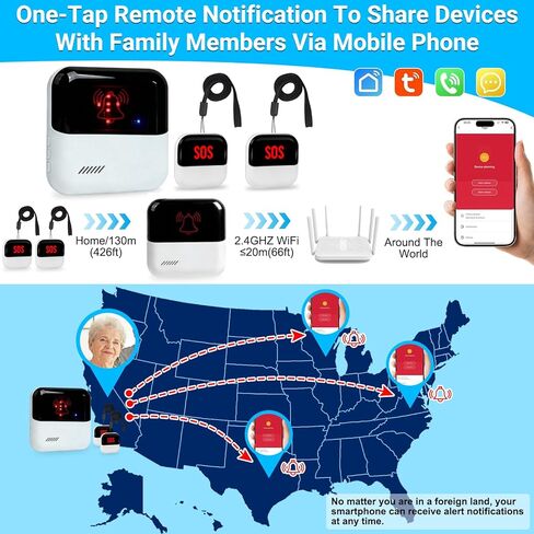 WiFi Caregiver Pager Medical Alert Systems for Seniors No Monthly Fee App Control Alert Button for Seniors at Home,2 Call Button and 1 Receiver,for Elderly,Patients,Disabled in Saudi Arabia