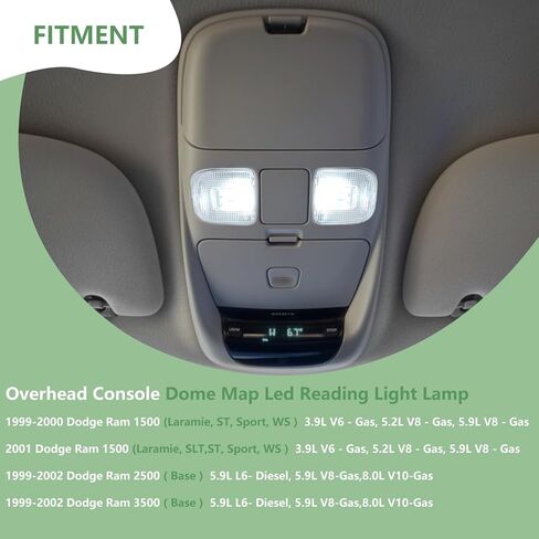 Overhead Console Dome Map Led Reading Light Lamp Compatible with 1999 2000 2001 Dodge Ram 1500 2500 3500, 2002 Ram 2500 3500,Cab Lights Sunglasses Storage, Replaces SN96TL2AA in Saudi Arabia