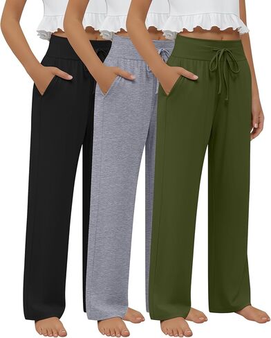3 Pack Girls Lounge Pants Casual Wide Leg Baggy Yoga Trousers Kids Loose Sweatpant Open Bottom with Pockets 5-14y in Saudi Arabia