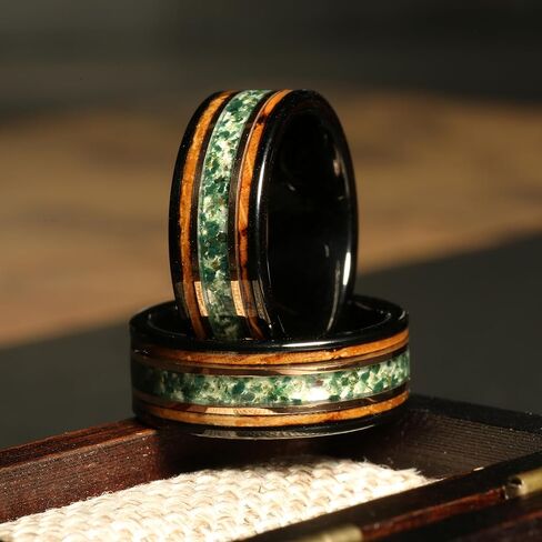 Moss Agate Whiskey Barrel Men’s Wedding Band – 8mm Black Tungsten Ring, Comfort Fit Rustic Ring for Him, Handmade Gift, Gift for him, Mens Ring in Saudi Arabia