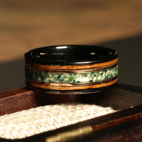 Moss Agate Whiskey Barrel Men’s Wedding Band – 8mm Black Tungsten Ring, Comfort Fit Rustic Ring for Him, Handmade Gift, Gift for him, Mens Ring in Saudi Arabia