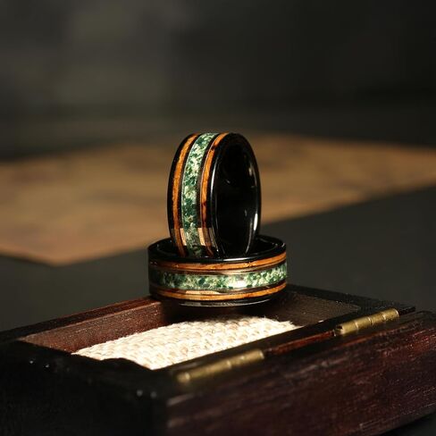 Moss Agate Whiskey Barrel Men’s Wedding Band – 8mm Black Tungsten Ring, Comfort Fit Rustic Ring for Him, Handmade Gift, Gift for him, Mens Ring in Saudi Arabia