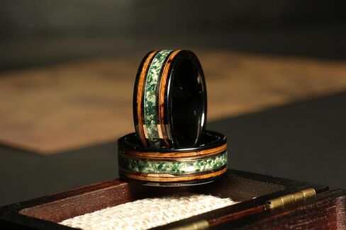 Moss Agate Whiskey Barrel Men’s Wedding Band – 8mm Black Tungsten Ring, Comfort Fit Rustic Ring for Him, Handmade Gift, Gift for him, Mens Ring in Saudi Arabia