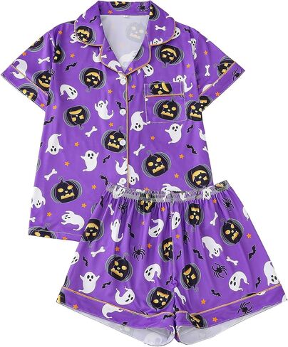 طقم بيجامات الهالوين للنساء مكون من قطعتين بأكمام قصيرة وأزرار سفلية، طقم بيجامة ملابس نوم in Kuwait