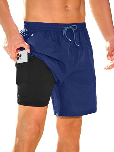 Mens Swim Trunks with Compression Linner Waterproof Swim Shorts with Zipper Pocket Quick Dry Board Shorts for Men in Kuwait