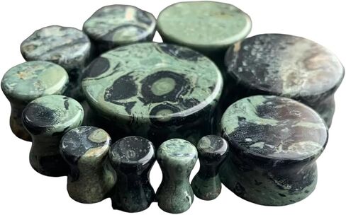 PAIR of Unique Natural Green Eye Jasper Stone Double Flare Plugs - Organic - Gauges - Body Jewelry in Saudi Arabia