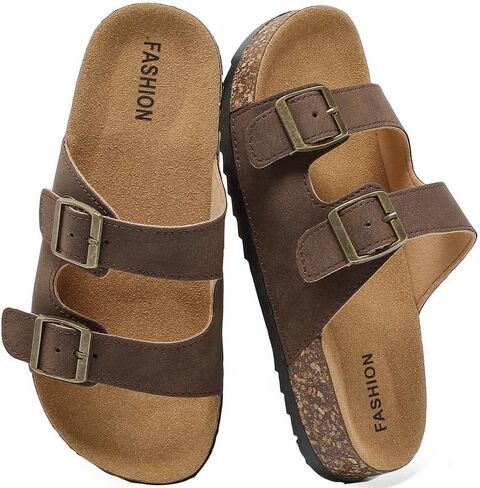 Kids Adjustable Slide Sandals with Cork Footbed, Double Buckle Open-Toe Casual Sandals Boys Girls, Non-Slip EVA Sole Summer Comfort Slides for Indoor Outdoor in Kuwait