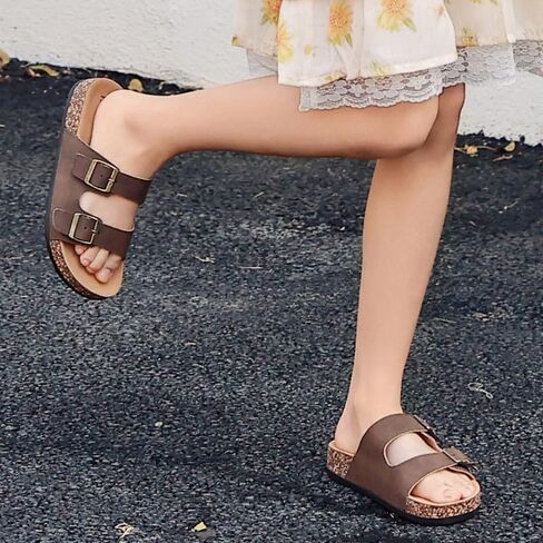 Kids Adjustable Slide Sandals with Cork Footbed, Double Buckle Open-Toe Casual Sandals Boys Girls, Non-Slip EVA Sole Summer Comfort Slides for Indoor Outdoor in Kuwait
