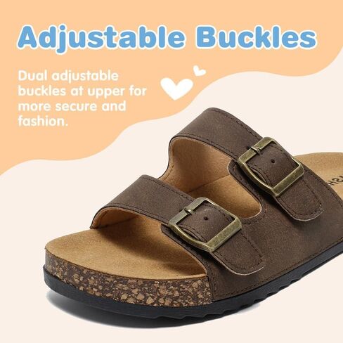 Kids Adjustable Slide Sandals with Cork Footbed, Double Buckle Open-Toe Casual Sandals Boys Girls, Non-Slip EVA Sole Summer Comfort Slides for Indoor Outdoor in Kuwait