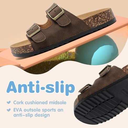 Kids Adjustable Slide Sandals with Cork Footbed, Double Buckle Open-Toe Casual Sandals Boys Girls, Non-Slip EVA Sole Summer Comfort Slides for Indoor Outdoor in Kuwait