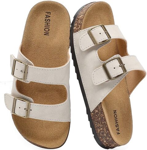 Kids Adjustable Slide Sandals with Cork Footbed, Double Buckle Open-Toe Casual Sandals Boys Girls, Non-Slip EVA Sole Summer Comfort Slides for Indoor Outdoor in Kuwait