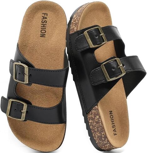 Kids Adjustable Slide Sandals with Cork Footbed, Double Buckle Open-Toe Casual Sandals Boys Girls, Non-Slip EVA Sole Summer Comfort Slides for Indoor Outdoor in Kuwait