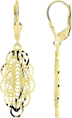 14k Yellow Gold Textured Oval Shaped Filigree Dangle Earrings with Leverback in Saudi Arabia