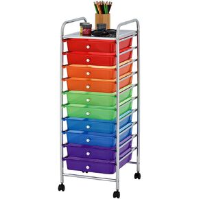 Display By Jack Rolling Storage Cart 10 Drawer Organizer with White Drawers, Slim 36" Chrome Frame, Locking Wheels, and Top Shelf for Office, Classroom, Bathroom, or Craft Storage in Saudi Arabia