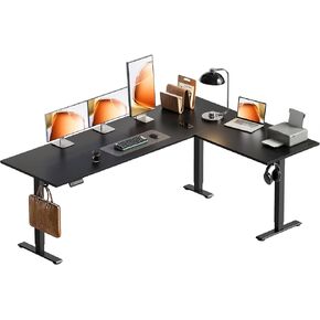 مكتب قائم كهربائي على شكل حرف L قابل للعكس مقاس 63 بوصة من OffiGo، مكتب قائم بزاوية قابلة لضبط الارتفاع، طاولة كمبيوتر كبيرة مريحة للمنزل والمكتب ومحطة العمل، أسود in Kuwait