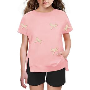 Girls Clothes 2PC Summer Outfits Bow Short Sleeve T-shirts and Elastic Waist Shorts Set Kids Clothes Girls 6-14Y in Saudi Arabia