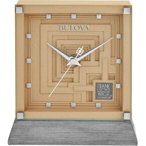 Bulova Ennis Table Clock B7755 | 7″ Frank Lloyd Wright Mayan Revival Resin Case with Washed Ash Base | Silent Sweep Quartz Movement | Battery Operated | Architectural Accent Piece in Kuwait