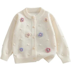Girls' Knit Cardigan Sweater with Floral Appliques, White, Ages 2-7 Years in Saudi Arabia