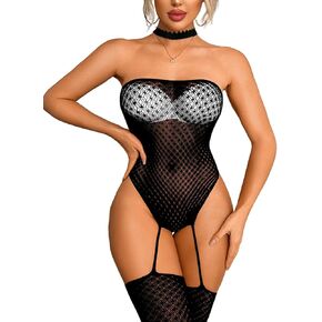 Women's Strapless Fishnet Bodysuit with Choker, Stockings Lingerie for Date Night Rave Club Party (Fits 6-20) in Saudi Arabia