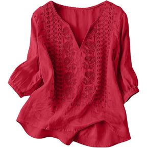 بلوزات مطرزة للنساء سبعة أرباع الأكمام القطن قميص كتان Losse الخامس الرقبة القمم 2026 الربيع الشاش الملابس in Kuwait