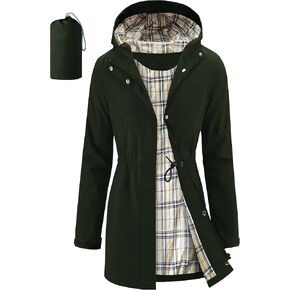 iCreek Women's Rain Jacket Packable Long Raincoat Hooded Plaid Lined Trench Coat Waterproof Windproof Lightweight for Outdoor in Kuwait