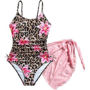 بدلة سباحة SHENHE للفتيات قطعة واحدة مع تنورة مغطاة بطبعة زهور الفهد، بدلة استحمام مكشكشة in Kuwait