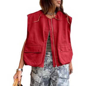 Tankaneo Womens Casual Zip Up Vest Cargo Oversized Ruched Hem Sleeveless Blazer Jackets Tops in Kuwait