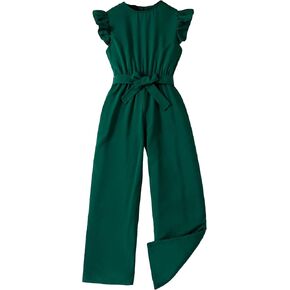 WDIRARA Girl's Cap Sleeve Crew Neck Fashion Jumpsuit Belted Straight Leg Long Pants Romper in Kuwait