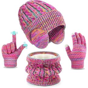 Jansun Kids Winter Hat Gloves Scarf Set, Toddler Children Hats Beanie with Earflaps Knit Neck Warmer Gaiter Mittens Fleece Lined Set for Boys Girls 4-12 in Saudi Arabia