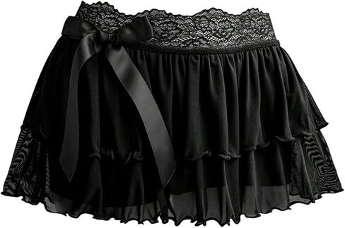 SOLY HUX Women's Y2k Lace Ruffle Mini Skirt Bow Elastic Low Rise Layered A Line Skirts Party Going Out Outfits in Saudi Arabia