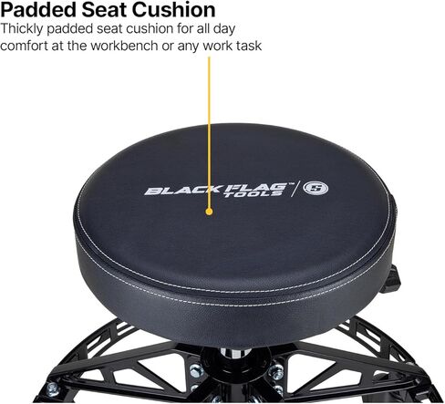 Speedway Motors Black Flag™ Adjustable Height Rolling Shop Stool with 3" Padded Seat, 400 lb Capacity, Aluminum Frame Base with Foot Rest, 360° Swivel & Five 4" Locking Casters in Saudi Arabia