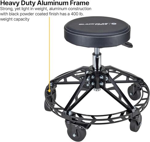 Speedway Motors Black Flag™ Adjustable Height Rolling Shop Stool with 3" Padded Seat, 400 lb Capacity, Aluminum Frame Base with Foot Rest, 360° Swivel & Five 4" Locking Casters in Saudi Arabia