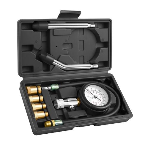 طقم اختبار ضغط المحرك 8 قطع، أداة اختبار ضغط الأسطوانة 0-300 رطل لكل بوصة مربعة لمحركات البنزين في السيارات والدراجات النارية والمركبات الرباعية والمحركات الصغيرة ذات مقياس مزدوج ومحولات (Blue-8PC) in Kuwait