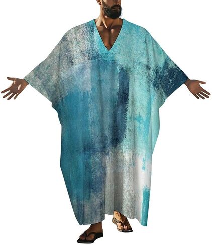 Turquoise And Grey Art Artwork Pattern Men's V-neck Robe Middle East Arabian Robe Butterfly Sleeves Kaftan in Kuwait