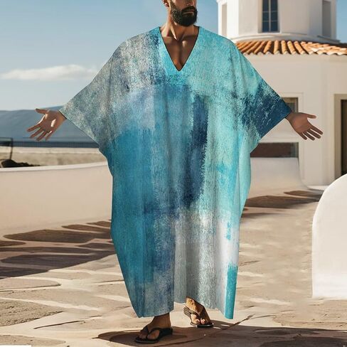 Turquoise And Grey Art Artwork Pattern Men's V-neck Robe Middle East Arabian Robe Butterfly Sleeves Kaftan in Kuwait