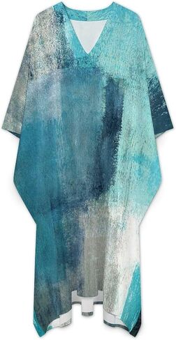 Turquoise And Grey Art Artwork Pattern Men's V-neck Robe Middle East Arabian Robe Butterfly Sleeves Kaftan in Kuwait