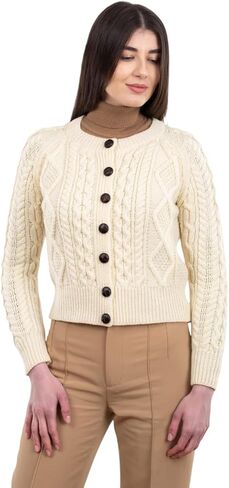 SAOL Irish Ladies Wool Cardigan Sweater Cable Knit Made in Ireland in Saudi Arabia