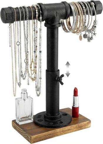 MyGift Modern Brass-Tone Metal Jewelry Display Stand with Industrial Pipe Adjustable Height T-Bar Necklace Bracelet Hanging Organizer Rack with Rustic Burnt Wood Base in Saudi Arabia