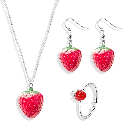 3D Strawberry Necklace Earrings Ring Jewelry Set Simulated Strawberry Necklace Rings Red Strawberry Dangle Earring for Teen Girls in Saudi Arabia
