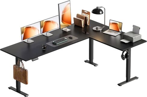 مكتب قائم كهربائي على شكل حرف L قابل للعكس مقاس 63 بوصة من OffiGo، مكتب قائم بزاوية قابلة لضبط الارتفاع، طاولة كمبيوتر كبيرة مريحة للمنزل والمكتب ومحطة العمل، أسود in Kuwait