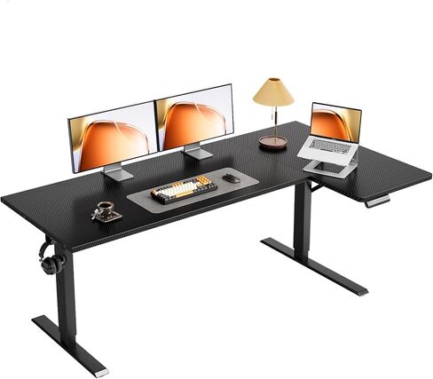 مكتب قائم على شكل حرف L كهربائي من OffiGo، طاولة قابلة للتعديل بارتفاع 55 بوصة، مكتب قائم بزاوية قابلة للعكس، رفع طاولة الكمبيوتر للمكتب المنزلي، محطة عمل الكمبيوتر، ألياف الكربون الأسود in Kuwait