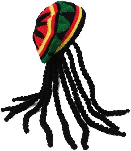 Reggae-Style Knitted Beret with Braided Hair Accessory - Adult Warm Acrylic Winter Hat, Perfect for Music Festivals and Theme Parties Red in Saudi Arabia