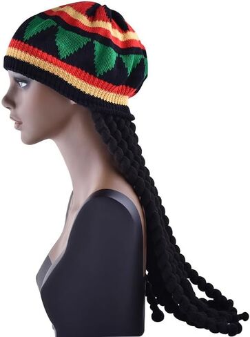 Reggae-Style Knitted Beret with Braided Hair Accessory - Adult Warm Acrylic Winter Hat, Perfect for Music Festivals and Theme Parties Red in Saudi Arabia