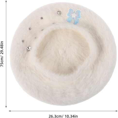 minkissy Plush Beret Hat with Bow for Women, Warm Faux Rabbit Fur Artist Beret, Medium Size 56-58cm, Cozy French Style ’ Winter Hat White in Saudi Arabia