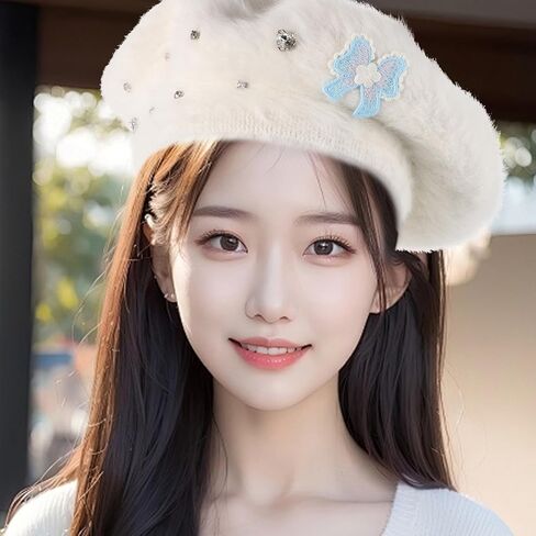 minkissy Plush Beret Hat with Bow for Women, Warm Faux Rabbit Fur Artist Beret, Medium Size 56-58cm, Cozy French Style ’ Winter Hat White in Saudi Arabia