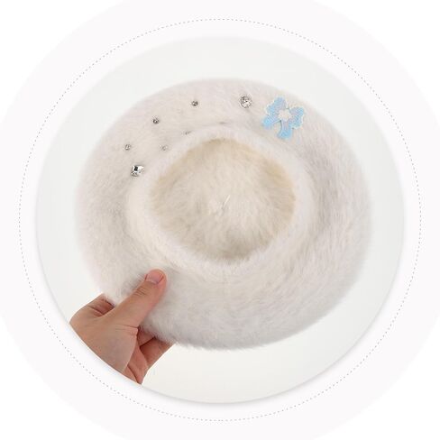 minkissy Plush Beret Hat with Bow for Women, Warm Faux Rabbit Fur Artist Beret, Medium Size 56-58cm, Cozy French Style ’ Winter Hat White in Saudi Arabia