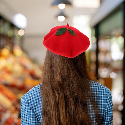 HANABASS Strawberry Beret Hat for Women, Knitted Artist Cap Decorative Performing Beanie, Red Female Party Headwear for Multi-Occasion Use in Saudi Arabia